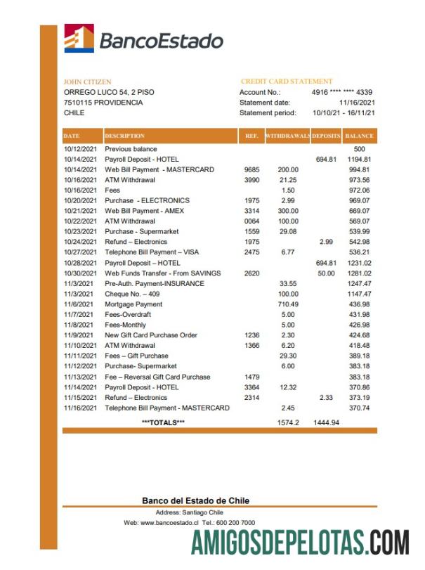 em branco Chile Banco Del Estado De Chile Extrato bancário Modelo fácil de preencher em formato de arquivo .xls e .pdf
